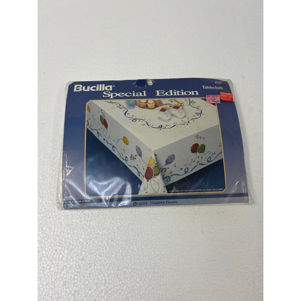 Vintage Bucilla Celebration Stamped Cross Stitch Tablecloth Craft Kit 1993 NOS